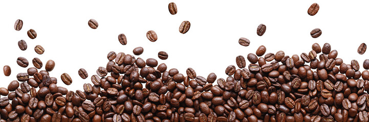 Roasted coffee beans in a placer, a lot of beans lies and levitates, isolated, on a white background
