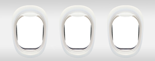 Photo of the windows of an airplane from inside (flight concept), 3 porthole frames isolated on transparent background, png file