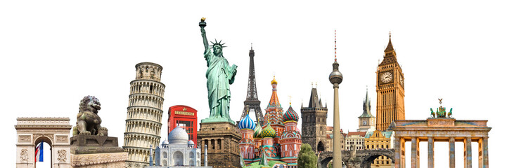World landmarks and famous monuments photo collage isolated on panoramic transparent background, international travel, study and business, png file