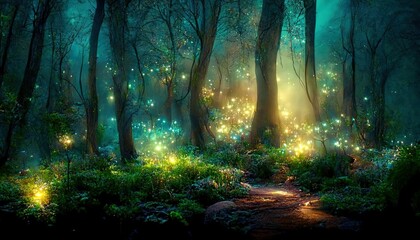 Magical fantasy fairy tale scenery, night in a forest