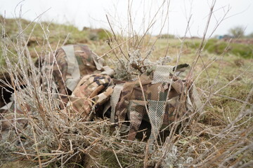 Almaty, Kazakhstan - 04.14.2022 : Sniper's shelter at the training ground. Military exercises.