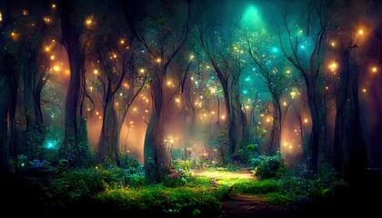 Mystical magical forest at night with glowing lights