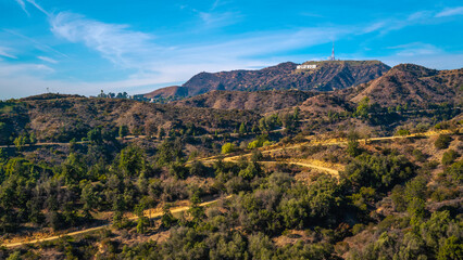 Los Angeles natural woodland park with Hollywood Sign on the Hollywood Hills, view from Griffith Observatory, California, USA