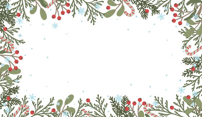 Christmas Winter holiday frame with hand drawn Christmas tree branches, leaves, berries, snowflakes. Cute flat design elements in retro style