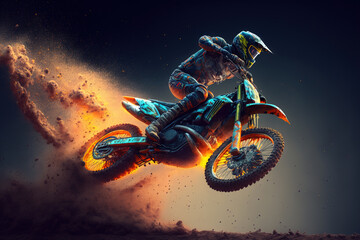 Dirt bike rider doing a big jump. Supercross, motocross, high speed. Sport concept. Digital art