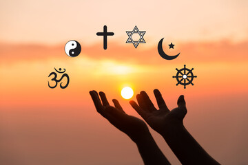 Religious symbols. Christianity cross, Islam crescent, Buddhism dharma wheel, Hinduism aum, Judaism David star, Taoism yin yang, world religion concept. Prophets of all religions bring peace to world.