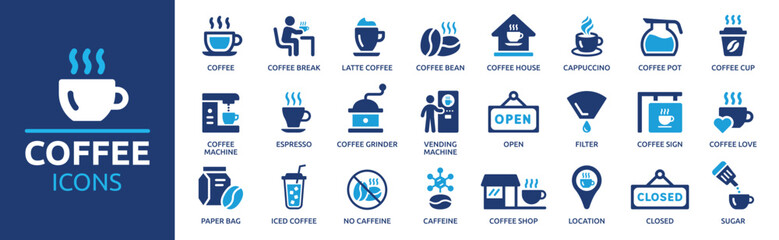 Coffee icon set. Containing latte, coffee bean, cappuccino, espresso, coffee shop, sugar and caffeine. Solid icon collection.