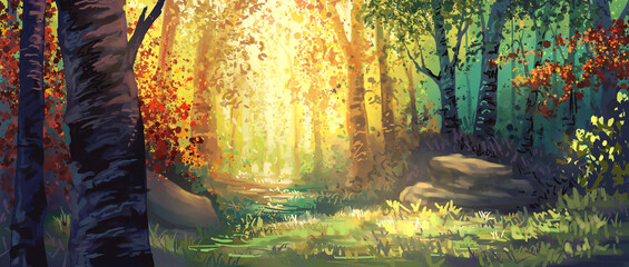 Multicolored fantasy forest landscape