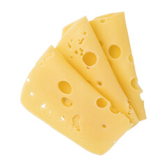 folded slices of cheese isolated on white background, pieces of sliced gouda cheese laid out to create layout