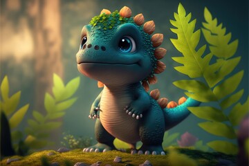 a cute adorable baby dinosaur generative ai rendered in the style of children-friendly cartoon animation fantasy style 