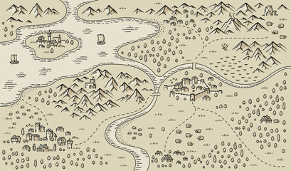 Medieval fantasy map. Mountain river and village buildings. Middle Ages map for board game. Hand drawn vector.