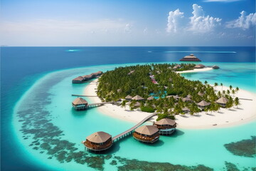 maldives luxury resort, beautiful sea, hotel, blue sky, top view, Made by AI,Artificial intelligence