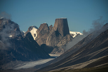 Iconic granite rock of Mt.Asgard towers in arctic valley of Akshayuk pass, Baffin Island, Canada