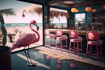 Flamingo and beach bar background. Travel vacation and summer concept. Generative AI
