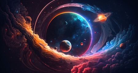 fantastic multicolored outer space with stars, constellations, galaxies, planets and nebulae. Generative AI