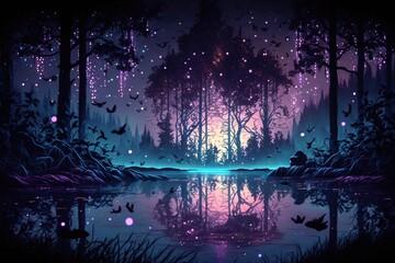 A purple fantasy forest with a reflective pond, magical trees, and a sparkling sky, generative ai