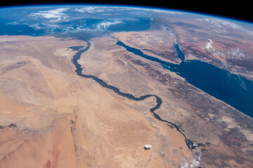 The Nile River, The Red Sea, The Gulf of Oman, The Gulf of Aqaba, and The Mediterranean Sea. Elements of this image furnished by NASA. Selective focus included.
