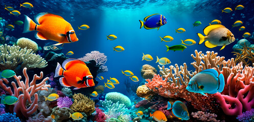 Tropical sea underwater fishes on coral reef. Aquarium oceanarium wildlife colorful marine panorama landscape nature snorkel diving