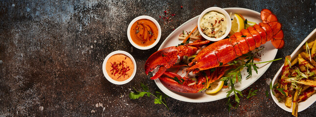 Yummy lobster with vegetables and sauces