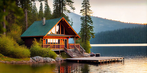 Wood cabin on the lake - log cabin surrounded by trees, mountains, and water in natural landscapes