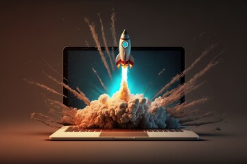 Launching Space Rocket From Laptop Screen. Generative AI