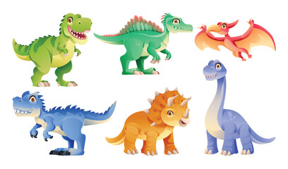 Set of cute dinosaur characters in cartoon style