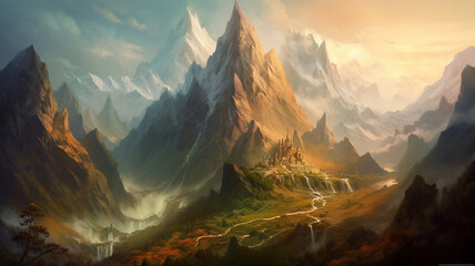 Piękny górski widok z zamkiem - AI