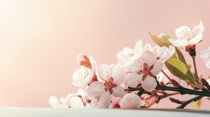 Cherry blossom, blooming cherry branches background with copy space, spring time, generative ai