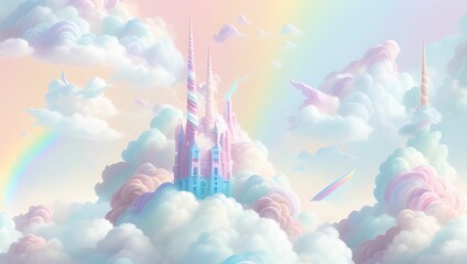 Rainbow unicorn castle in the cloud sky of fantasy background by generative AI
