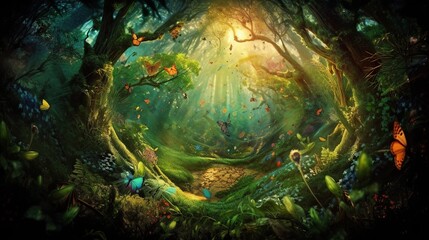 Beautiful fantasy enchanted forest with butterflies, flowers and copy space. Fairy tale outdoor background. AI generative image.