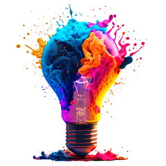 a colorful glowing idea bulb lamp, isolated design element on transparent background, visualization of brainstorming, bright idea and creative thinking, generative ai