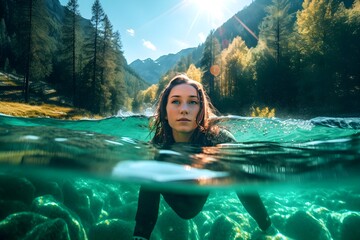 KI generated, Beautiful woman diving and swimming in alpine mountain lake, 2 worlds