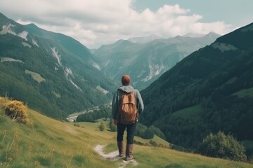 Young backpacking man traveler hiker from back view enjoying nature in Alps mountains - Generative AI