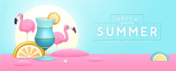 Summer party background with 3D plastic cocktail, tropic fruits and flamingo. Vector illustration