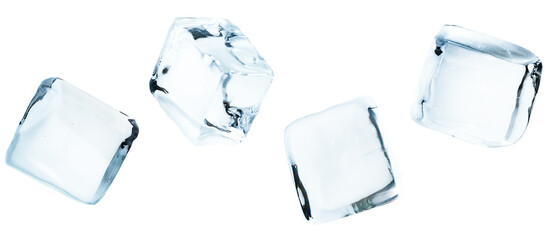 four ice cubes in a row on a white isolated background