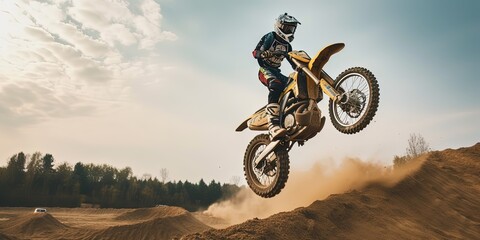 jumping mountain motocross race biker in action, by ai generative 