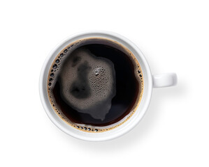 Top view of isolated mug with hot black coffee with foam on transparent cutout PNG background. generative AI
