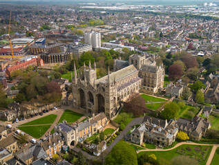 An aerial view of the Cathedral Church of St Peter, St Paul and St Andrew in Peterborough, Cambridgeshire, UK