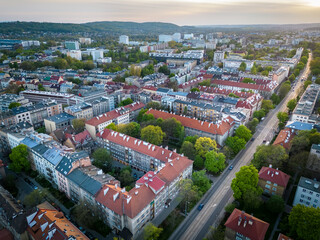 Widok na miasto z lotu ptaka, zachód Słońca, Kraków Krowodrza.