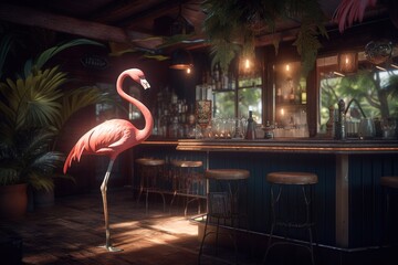 a flamingo in pink that is standing in front of a bar. Generative AI
