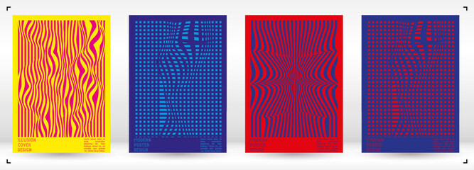 Geometrical Poster Design with Optical Illusion Effect. Modern Psychedelic Cover Page Collection. Colourful Wave Lines Background. Fluid Stripes Art. Swiss Design. Vector Illustration for Brochure.