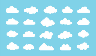 White abstract cloud illustration set. Cute fluffy, bubbly clouds collection. White cloudy shape isolated on blue background. Flat vector decoration element.
