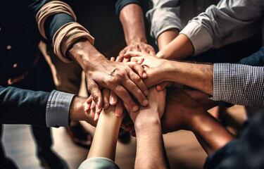 a team of people and their hands together as a group