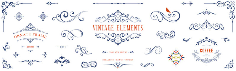 Ornate vintage frames and scroll elements. Classic calligraphy swirls, swashes, floral motifs. Good for greeting cards, wedding invitations, restaurant menu, royal certificates and graphic design.