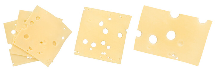 Emmental cheese isolate. Cheese slices with big holes close-up. Emmental cheese is cut into thin slices of different shapes, isolated on a white background.