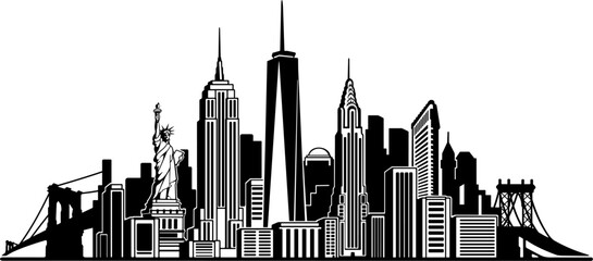 New York skyline vector design silhouette, ideal for vinyl cutting. Features detailed lines and rounded corners for optimal vinyl ready. Includes all major NYC landmarks in one stunning graphic. 