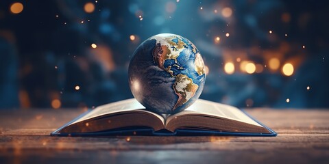 Earth on Open Book Background, World Book Day, International Literacy Day. Generative Ai