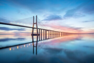 Vasco da Gama bridge in Lisbon by sunrise, Portugal. The Vasco da Gama Bridge is a landmark, and one of the longest bridges in the world. Urban landscape. Portugal is an amazing tourist destination