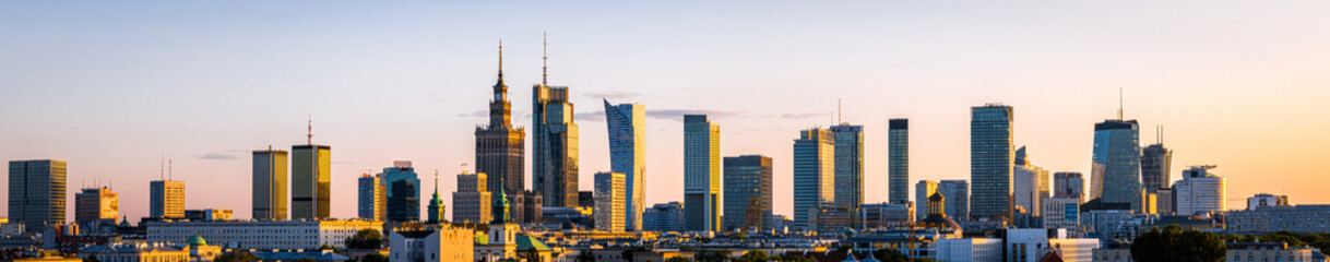 Aerial view of Warsaw skyline with Palace of Culture and Science in the middle, Poland