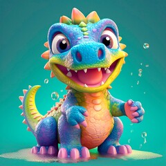 Cartoon character dinosaur 3d illustration for children. Cute fairytale dinosaur print for clothes, stationery, books, merchandise. Toy Dinosaur 3D character banner, background.